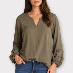 HARSHMAN Sage Green Kuniko Blouse Top 100% Rayon with Ruffled Long Sleeves.